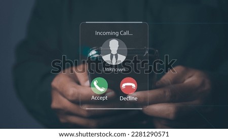 Man answering to incoming from an unknown caller. Phone call from unknown number. Calling Incoming Communication Connect Concept. Royalty-Free Stock Photo #2281290571