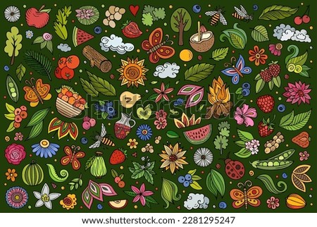 Colorful vector doodle cartoon set of Summer nature theme items, objects and symbols