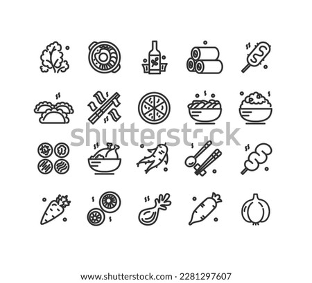 Korean Food Sign Black Thin Line Icon Set Include of Bibimbap, Ramen and Chopstick. Vector illustration of Icons Royalty-Free Stock Photo #2281297607