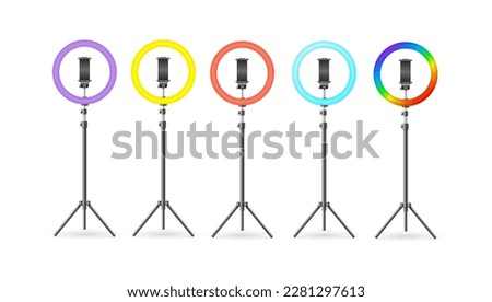 Realistic Detailed 3d Different Color Led Ring Lamp Set Isolated on a White Background. Vector illustration