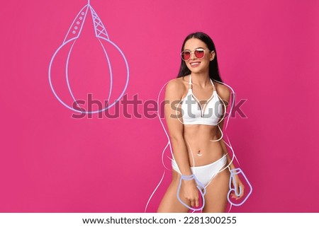 Happy slim woman in swimsuit and sunglasses on pink background. Outline with boxing gloves near punching bag during training as her overweight figure before workout Royalty-Free Stock Photo #2281300255