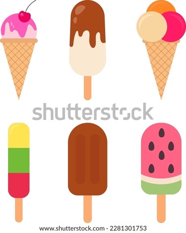 Cartoon ice cream flat vector set. Summer illustration. Waffle cone, icecream ball. Frozen dessert, gelato. Summer candy, icecream. Vanilla ice cream. Cold ice cream, sweet food logo. Chocolate