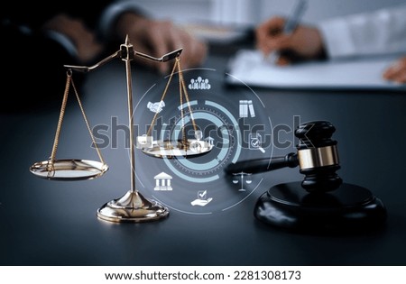 Smart law, legal advice icons and lawyer working tools in the lawyers office showing concept of digital law and online technology of astute law and regulations . Royalty-Free Stock Photo #2281308173