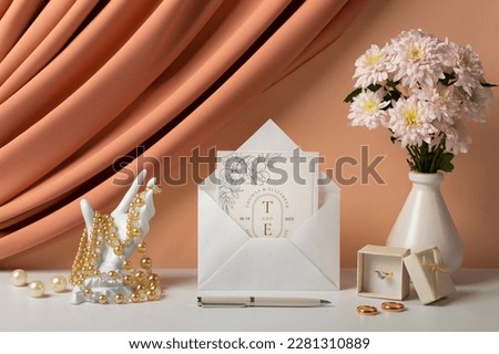 Wedding accessories on table. free space, copy space, space for text. Wedding accessories background. Royalty-Free Stock Photo #2281310889