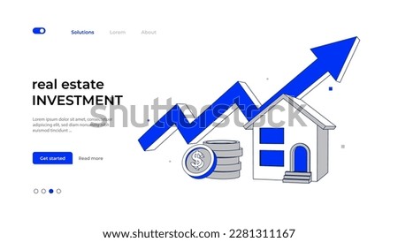Blue up arrow and housing price rising up. Concept illustration real estate investment or property growth. Vector Royalty-Free Stock Photo #2281311167