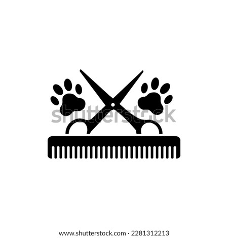 Dog grooming logo design template. Dog pawprint with comb and scissors. Vector clipart and drawing. Isolated illustration on white background. Royalty-Free Stock Photo #2281312213