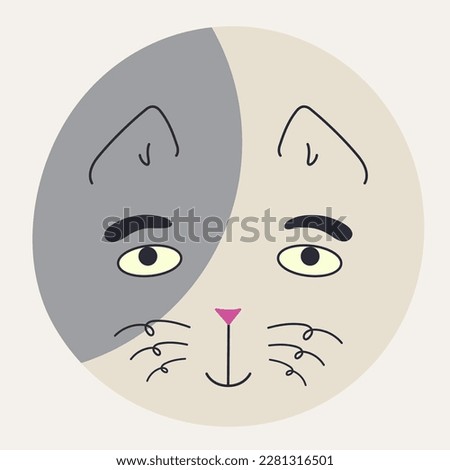 Cartoon character, cat clip art. Vector sticker, abstract cat portrait with black eyes. Funny mascot, facial expression, cute icon. Isolated on white
