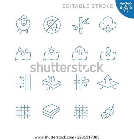 Vector line set of icons related with fabric feature. Contains monochrome icons like fabric, textile, cotton, wool, windproof and more. Simple outline sign. Editable stroke. Royalty-Free Stock Photo #2281317383