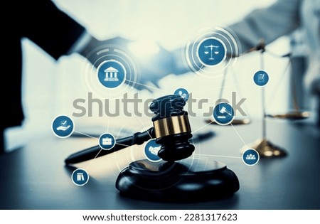 Smart law, legal advice icons and lawyer working tools in the lawyers office showing concept of digital law and online technology of astute law and regulations . Royalty-Free Stock Photo #2281317623