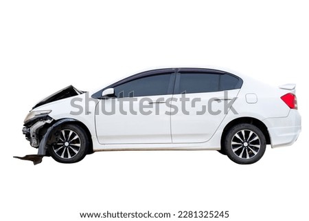 Side of white car get damaged by accident on the road. Broken cars after collision. auto accident, isolated on white background with clipping path Royalty-Free Stock Photo #2281325245