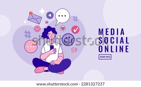 Social media influencer. Different social media icons. Reative blogging campaign landing page. online education, people of creative job, seo marketing concept. Vector illustration in flat style.