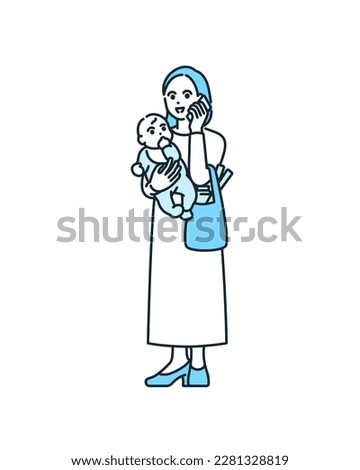 Clip art of mother talking on smartphone while holding baby. Clip art of working mom.
