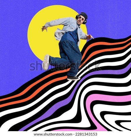 Young man, hipster listening to music in headphones and dancing hip hop against colorful background. Contemporary art collage. Concept of sportive lifestyle, art, creativity. Colorful design.