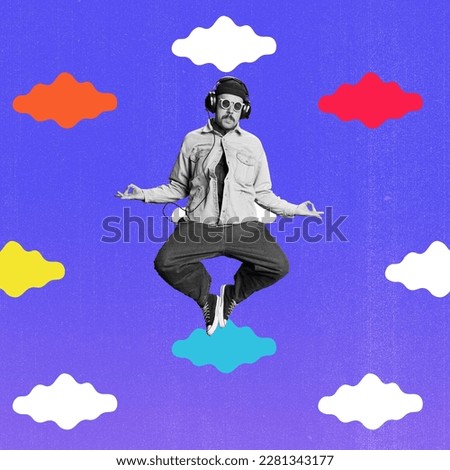 Young man, hippie listening to music in headphones and jumping against colorful background. Meditation. Contemporary art collage. Concept of sportive lifestyle, art, creativity. Colorful design.