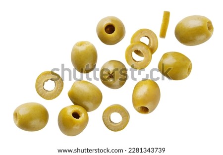 Green olives and slices flying close-up on a white background. Isolated Royalty-Free Stock Photo #2281343739