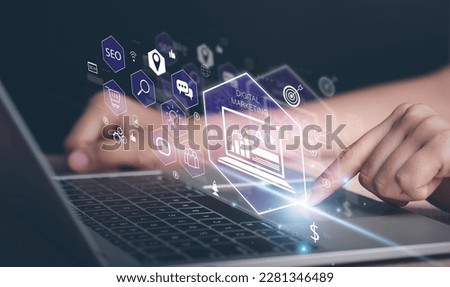 Digital  marketing and Online Advertising concept. Promotion of products through digital search engine, Website Ad, Email, Social network, SEO, Video with analyzing dashboard planning business. Royalty-Free Stock Photo #2281346489