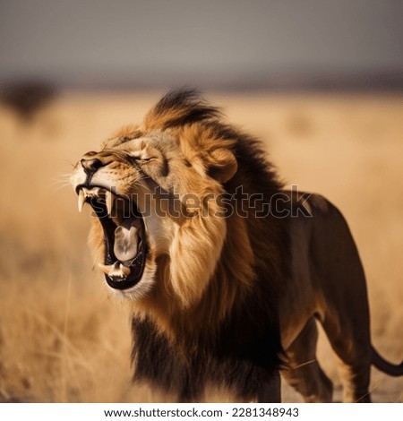 Photo of a lion roaring in the savannah. Royalty-Free Stock Photo #2281348943