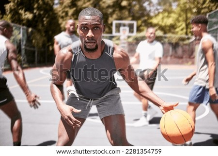Basketball player, team sports and motivation, focus and power for competition, game or training with community friends. Portrait of black man, group of people and neighborhood club basketball court