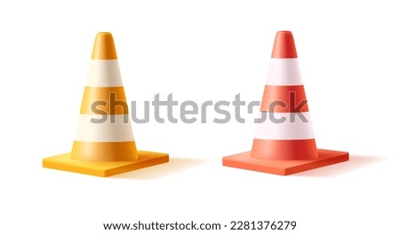Vector 3d illustration of traffic cone, realistic cartoon style, striped plastic cone in red and yellow with white colors Royalty-Free Stock Photo #2281376279