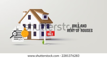real estate 3d icon of house with contract signed and coins money, everything checked, for sale sign, real estate agency website banner