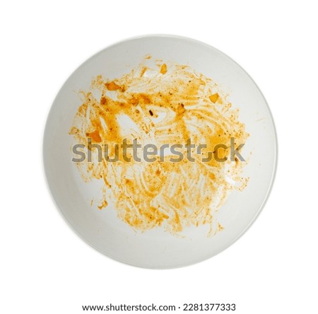 Dirty Plate Isolated, Empty Bowl after Dinner, Finished Lunch, Oil and Smeared Sauce on White Plate Background Top View Royalty-Free Stock Photo #2281377333