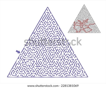Difficult triangular maze. Hard triangular vector labyrinth.  Education puzzle with search of solution.  A game for logic find  Royalty-Free Stock Photo #2281381069