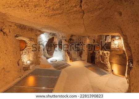 Derinkuyu underground city ancient cave in Cappadocia, Turkey, travel place of Goreme. Royalty-Free Stock Photo #2281390823