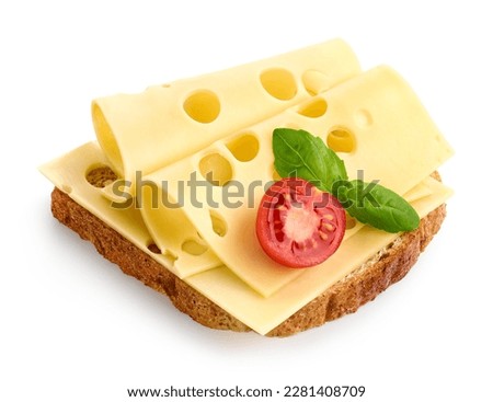 Bread toast sandwich with Maasdam cheese slices and cherry tomato isolated on white background Royalty-Free Stock Photo #2281408709