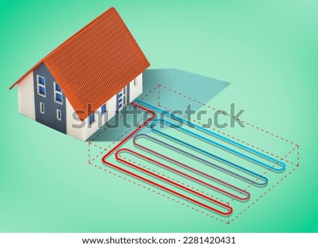Geothermal heating and cooling system linear with ground horizontal collector - sustainable buildings conditioning concept  Royalty-Free Stock Photo #2281420431