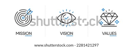 Mission, vision and values of business company. Target with arrow, business view and diamond icons. Success template. Mission purpose, leader vision and brilliant value. Infographic concept. Vector Royalty-Free Stock Photo #2281421297