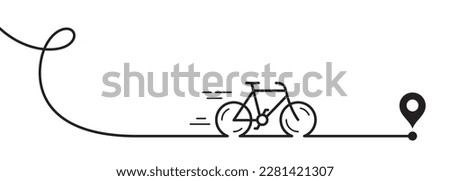 Bike line banner. Place location pointer. Bicycle road tour background. Cyclist journey travel illustration. Mountain active transport. Lifestyle sport bike journey. Bicycle race road. Vector