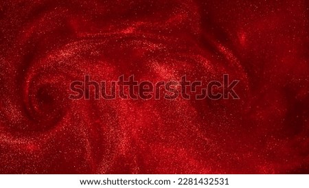 Magic sparkling glitter in red background. Golden dust particles create curve patterns with depth of field on red background. Golden Particles in red fluid absatrct backdrop. Royalty-Free Stock Photo #2281432531