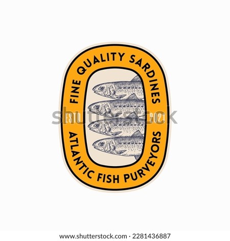 Fine Quality Atlantic Sardine Purveyors. Abstract Vector Sign, Symbol, Logo Template. Hand Drawn Anchovy Fish with Typography. Colorful Vector Emblem. Isolated