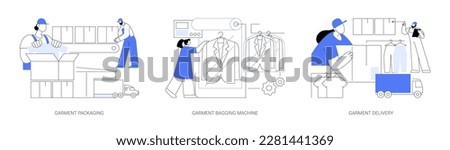 Apparel manufacturing abstract concept vector illustration set. Garment packaging, bagging machine, apparel delivery, light industry factory, loading boxes and vehicle shipping abstract metaphor. Royalty-Free Stock Photo #2281441369