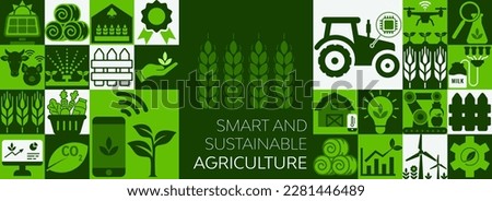 Agriculture and farming vector illustration using smart and ecological practices. Sustainable agriculture, crop harvesting and cultivation, farm business infographic, green idea with modern agronomy. Royalty-Free Stock Photo #2281446489