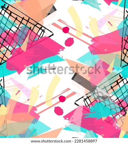 Seamless vector pattern with colorful bright rough random grange textured shapes. Artistic abstract background. Collage art. Digital craft paper overlap on white. Constriction paper wallpaper.