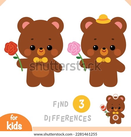 Find differences, educational game for children, Cute little bear character with rose flower