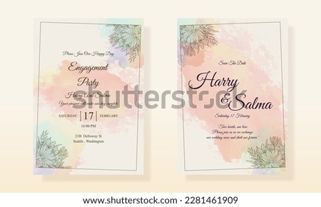 Watercolor Wedding Invitation Minimalist Floral Leaf Line Art Card Template Design. Wedding Invitation Floral Line Art Beautiful Template. Wedding invitation Card Set, floral black line art.