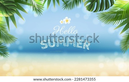 Palm Tree Branch Border And Blue Ocean And Blur With Gradient Mesh, Vector Illustration