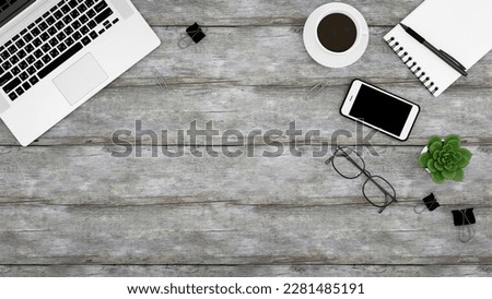 office table and computer concept, background top view with office supplies, wooden table with offise supplies and notes, place for text and design