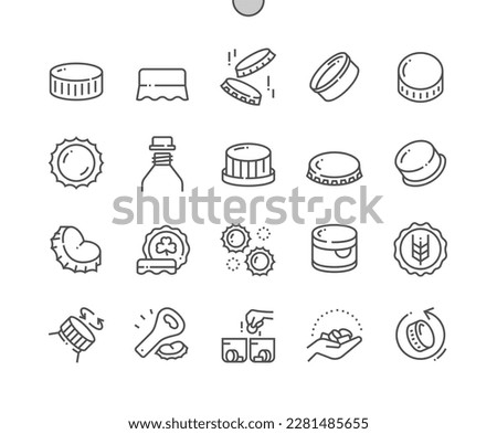Bottle caps. Reuse plastic caps. Different types of cap. Pixel Perfect Vector Thin Line Icons. Simple Minimal Pictogram Royalty-Free Stock Photo #2281485655