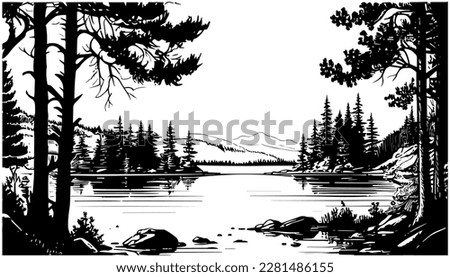 Lake vector black line illustration isolated white. Sketch art