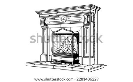 Fireplace vector black line illustration isolated white. Sketch art Royalty-Free Stock Photo #2281486229