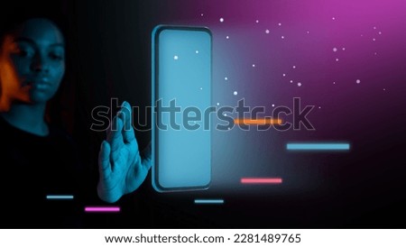 Metaverse and blockchain technology concept. Black woman with an experiences of metaverse virtual world via smartphone, panorama, neon lights