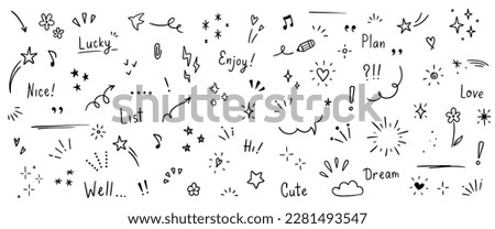 Doodle cute glitter pen line elements. Doodle heart, arrow, star, sparkle decoration symbol set icon. Simple sketch line style emphasis, attention, pattern elements. Vector illustration.