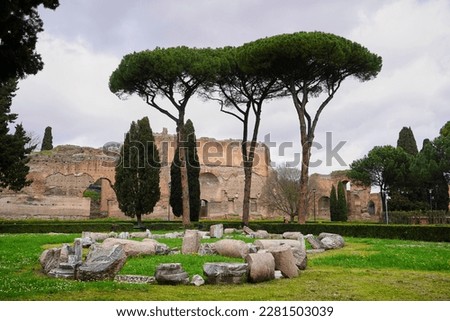 Column fragments arranged into a figure lie in the grass in front of the ruins of the Baths of Caracalla. Three pine trees stand in the center of the picture.