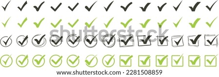 Green check mark and red cross icon set, circle and square. Tick symbol in green color. Hand drawn checkmark illustration. Vector illustration Royalty-Free Stock Photo #2281508859