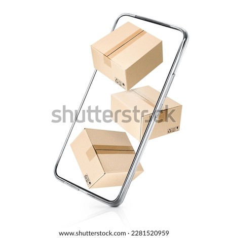 three cardboard boxes fly out of the smartphone screen on a white isolated background, online delivery