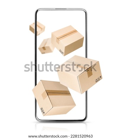 cardboard boxes levitating from a smartphone on a white isolated background, online delivery concept