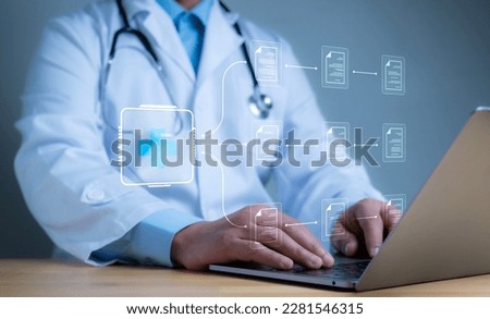 A medical worker works with an electronic database and documents.Technology and access information, database, storage, Digital link tech, big data Royalty-Free Stock Photo #2281546315